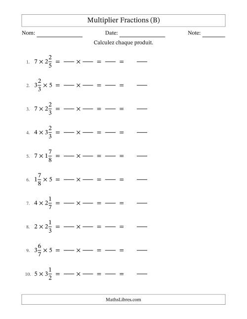 Multiplier fractions mixtes con nombres éntiers, et sans simplification (Remplissable) (B)