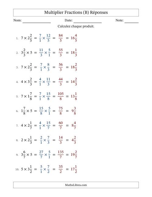Multiplier fractions mixtes con nombres éntiers, et sans simplification (Remplissable) (B) page 2