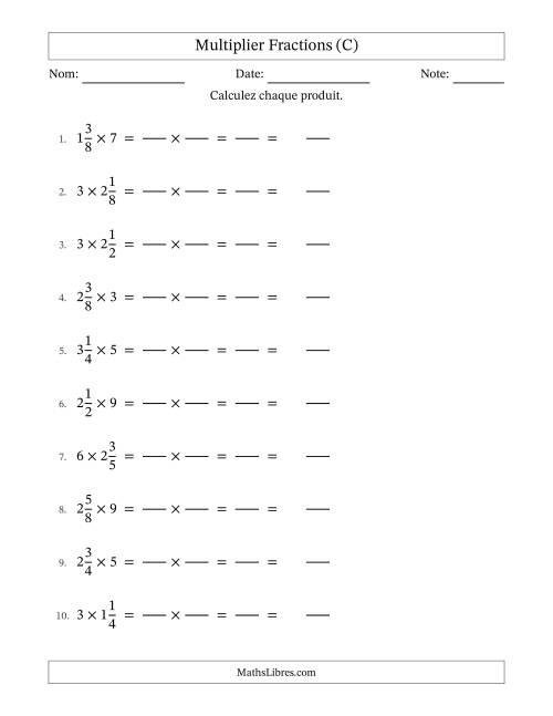 Multiplier fractions mixtes con nombres éntiers, et sans simplification (Remplissable) (C)