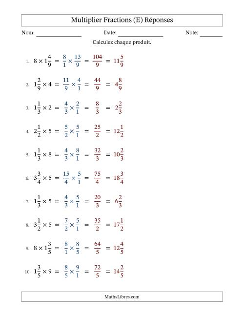Multiplier fractions mixtes con nombres éntiers, et sans simplification (Remplissable) (E) page 2