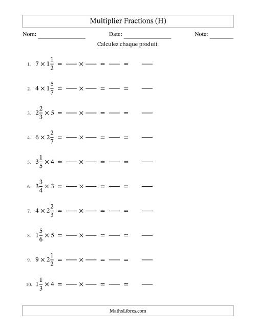 Multiplier fractions mixtes con nombres éntiers, et sans simplification (Remplissable) (H)