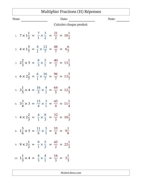 Multiplier fractions mixtes con nombres éntiers, et sans simplification (Remplissable) (H) page 2