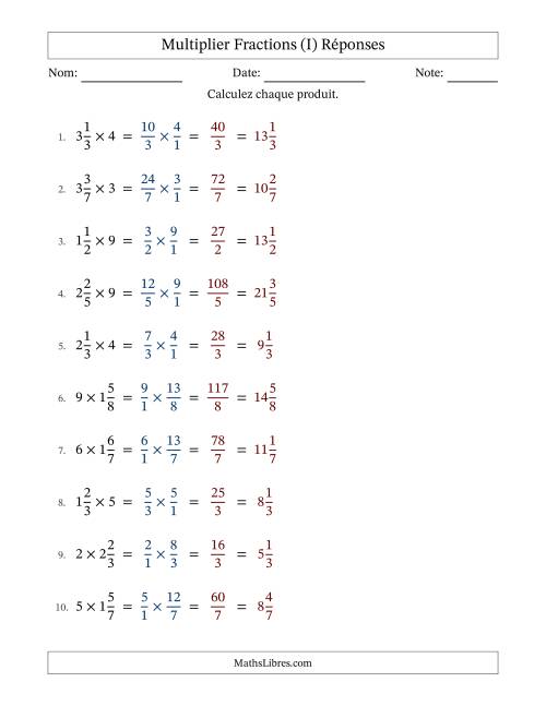 Multiplier fractions mixtes con nombres éntiers, et sans simplification (Remplissable) (I) page 2