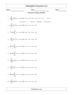 Multiplier fractions mixtes con nombres éntiers, et avec simplification dans tous les problèmes (Remplissable)