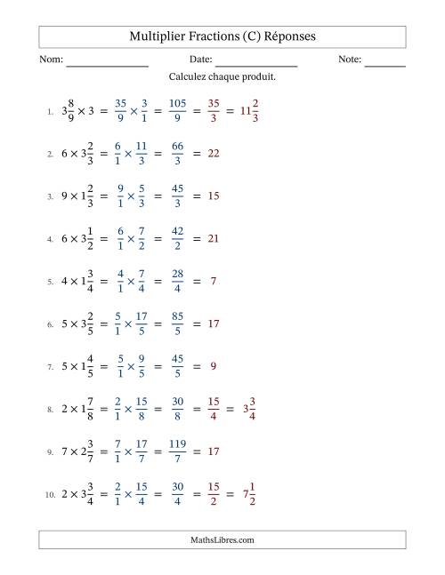 Multiplier fractions mixtes con nombres éntiers, et avec simplification dans tous les problèmes (Remplissable) (C) page 2