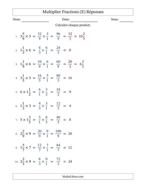Multiplier fractions mixtes con nombres éntiers, et avec simplification dans tous les problèmes (Remplissable) (E) page 2