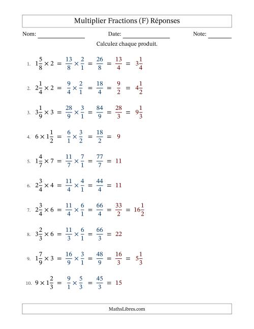 Multiplier fractions mixtes con nombres éntiers, et avec simplification dans tous les problèmes (Remplissable) (F) page 2