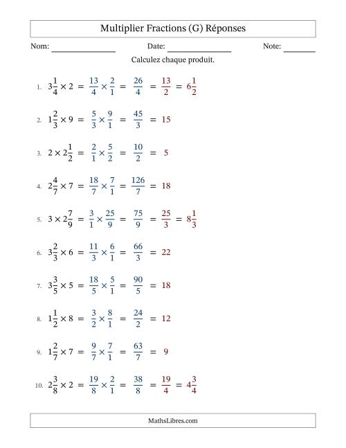 Multiplier fractions mixtes con nombres éntiers, et avec simplification dans tous les problèmes (Remplissable) (G) page 2