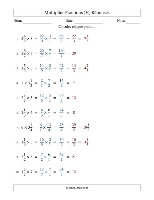 Multiplier fractions mixtes con nombres éntiers, et avec simplification dans tous les problèmes (Remplissable) (H) page 2