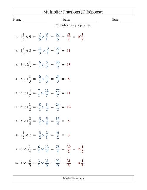 Multiplier fractions mixtes con nombres éntiers, et avec simplification dans tous les problèmes (Remplissable) (I) page 2