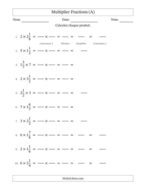 Multiplier fractions mixtes con nombres éntiers, et avec simplification dans quelques problèmes (Remplissable) (A)