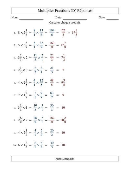 Multiplier fractions mixtes con nombres éntiers, et avec simplification dans quelques problèmes (Remplissable) (D) page 2