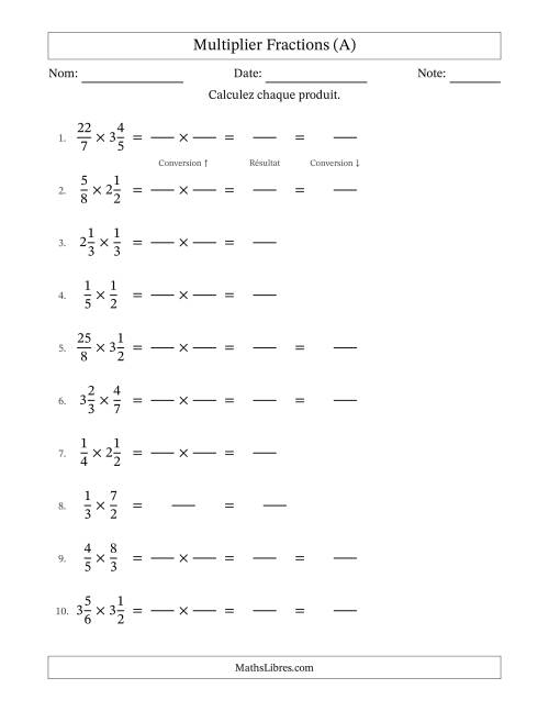 Multiplier fractions propres, impropres et mixtes, et sans simplification (Remplissable) (A)