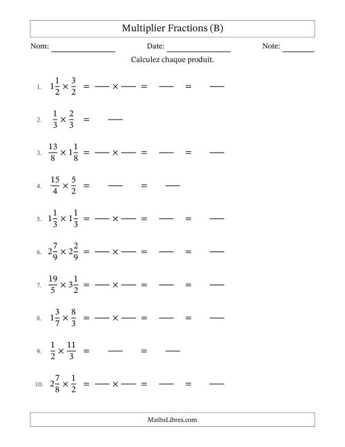 Multiplier fractions propres, impropres et mixtes, et sans simplification (Remplissable) (B)
