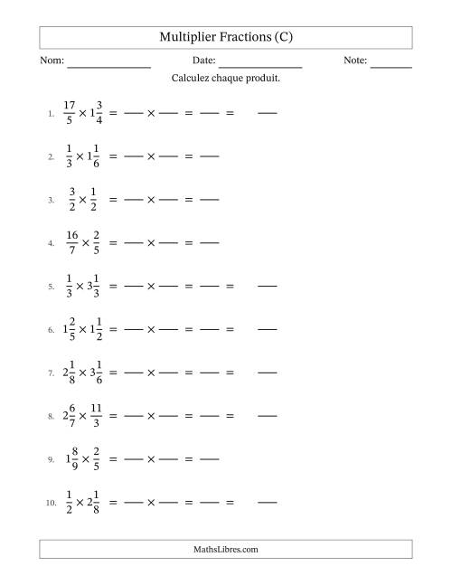 Multiplier fractions propres, impropres et mixtes, et sans simplification (Remplissable) (C)