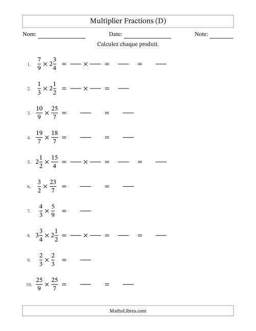 Multiplier fractions propres, impropres et mixtes, et sans simplification (Remplissable) (D)