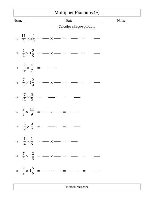 Multiplier fractions propres, impropres et mixtes, et sans simplification (Remplissable) (F)