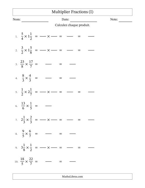 Multiplier fractions propres, impropres et mixtes, et sans simplification (Remplissable) (I)