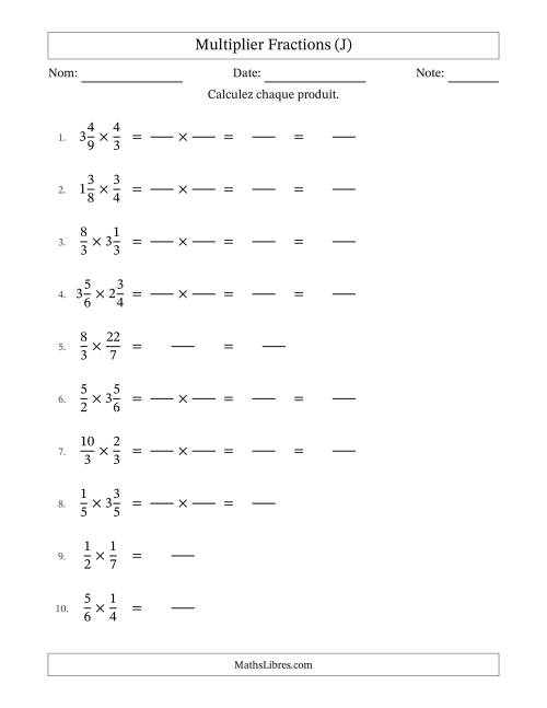 Multiplier fractions propres, impropres et mixtes, et sans simplification (Remplissable) (J)