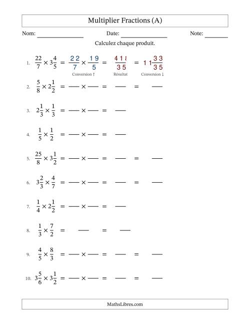 Multiplier fractions propres, impropres et mixtes, et sans simplification (Remplissable) (Tout)