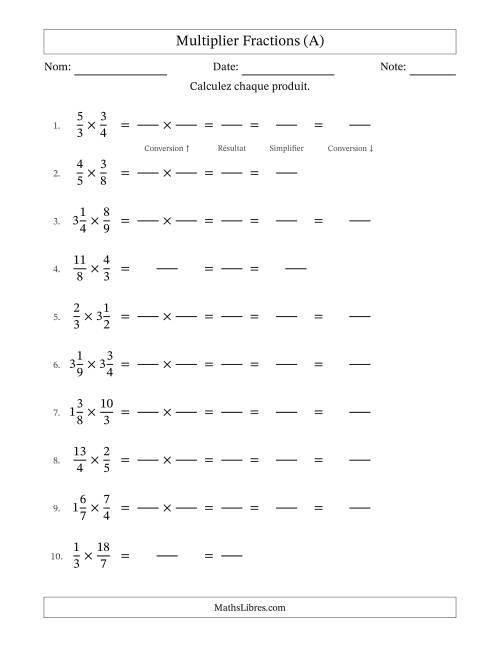 Multiplier fractions propres, impropres et mixtes, et avec simplification dans tous les problèmes (Remplissable) (A)