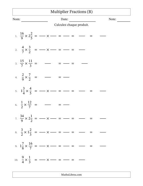Multiplier fractions propres, impropres et mixtes, et avec simplification dans tous les problèmes (Remplissable) (B)