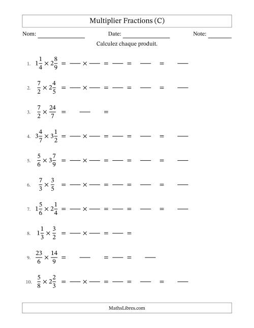 Multiplier fractions propres, impropres et mixtes, et avec simplification dans tous les problèmes (Remplissable) (C)
