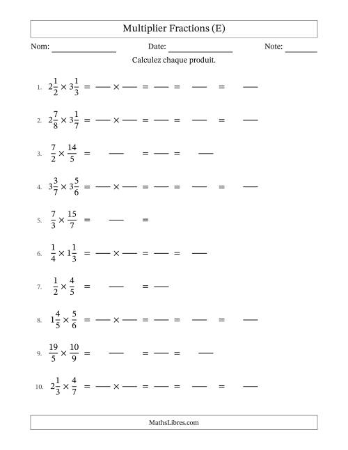 Multiplier fractions propres, impropres et mixtes, et avec simplification dans tous les problèmes (Remplissable) (E)