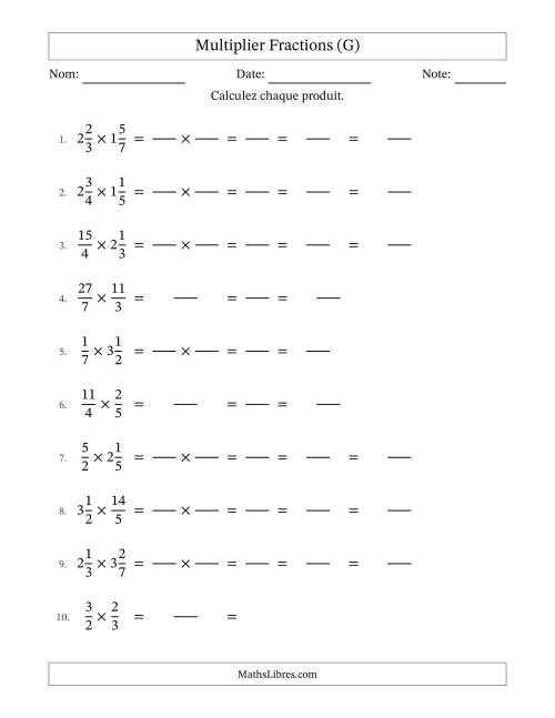 Multiplier fractions propres, impropres et mixtes, et avec simplification dans tous les problèmes (Remplissable) (G)