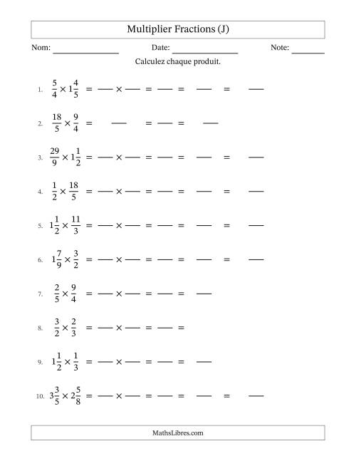 Multiplier fractions propres, impropres et mixtes, et avec simplification dans tous les problèmes (Remplissable) (J)