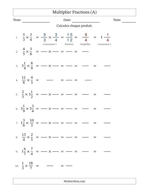 Multiplier fractions propres, impropres et mixtes, et avec simplification dans tous les problèmes (Remplissable) (Tout)