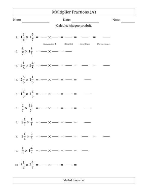 Multiplier fractions propres, impropres et mixtes, et avec simplification dans quelques problèmes (Remplissable) (A)