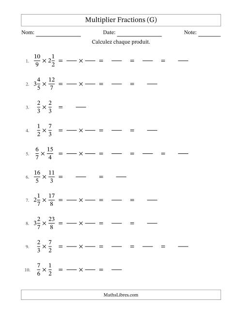 Multiplier fractions propres, impropres et mixtes, et avec simplification dans quelques problèmes (Remplissable) (G)