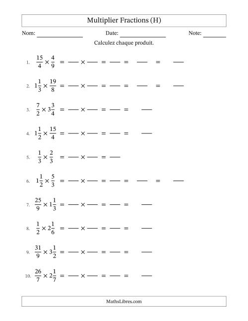 Multiplier fractions propres, impropres et mixtes, et avec simplification dans quelques problèmes (Remplissable) (H)