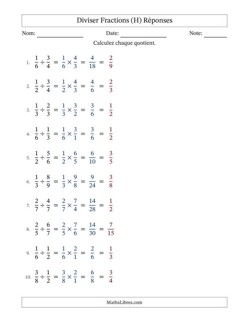 Diviser deux fractions propres, et avec simplification dans tous les problèmes (Remplissable) (H) page 2