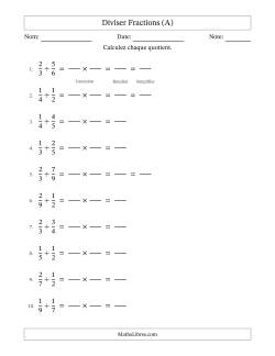 Diviser deux fractions propres, et avec simplification dans quelques problèmes (Remplissable)