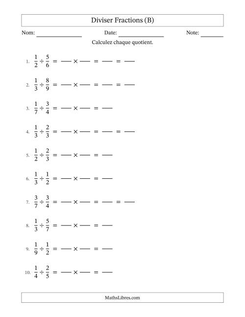 Diviser deux fractions propres, et avec simplification dans quelques problèmes (Remplissable) (B)