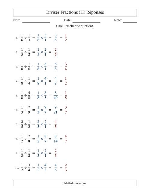 Diviser deux fractions propres, et avec simplification dans quelques problèmes (Remplissable) (H) page 2