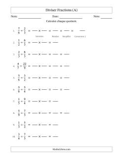 Diviser fractions propres e impropres, et avec simplification dans quelques problèmes (Remplissable)