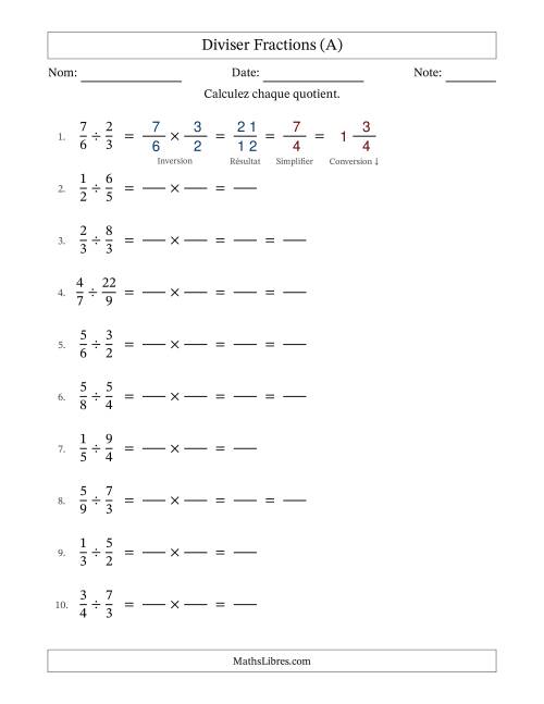Diviser fractions propres e impropres, et avec simplification dans quelques problèmes (Remplissable) (Tout)