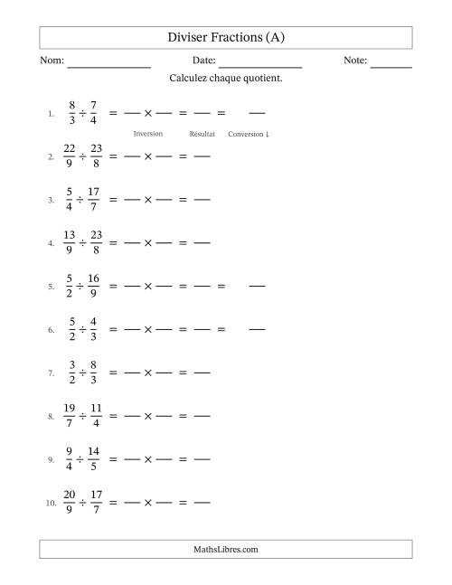Diviser deux fractions impropres, et sans simplification (Remplissable) (A)