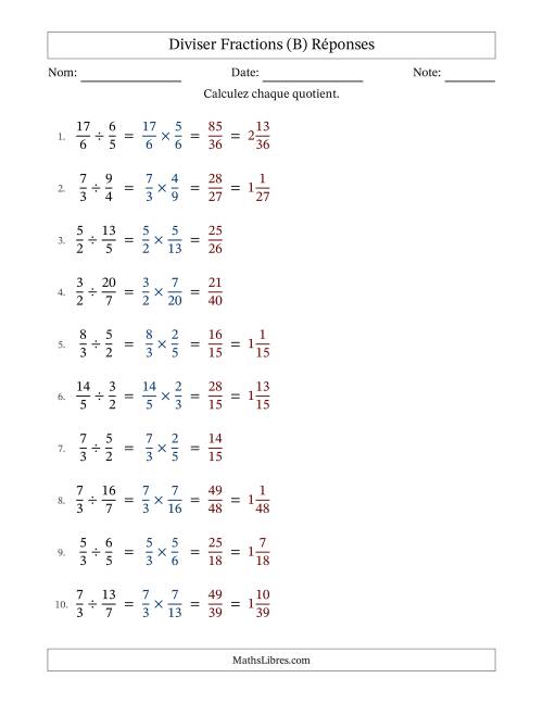 Diviser deux fractions impropres, et sans simplification (Remplissable) (B) page 2