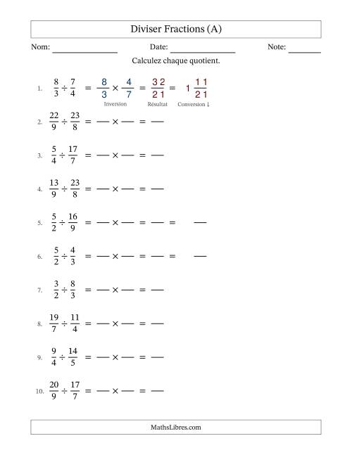 Diviser deux fractions impropres, et sans simplification (Remplissable) (Tout)