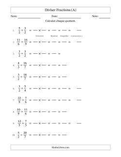 Diviser deux fractions impropres, et avec simplification dans tous les problèmes (Remplissable)