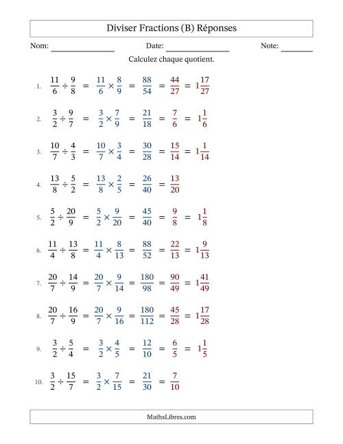 Diviser deux fractions impropres, et avec simplification dans tous les problèmes (Remplissable) (B) page 2