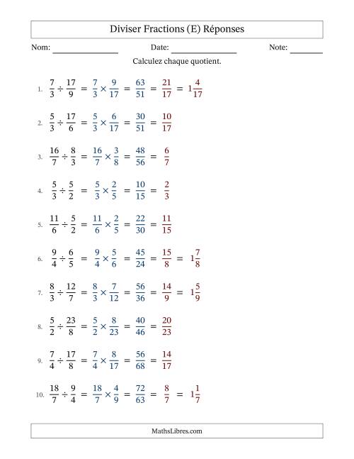 Diviser deux fractions impropres, et avec simplification dans tous les problèmes (Remplissable) (E) page 2