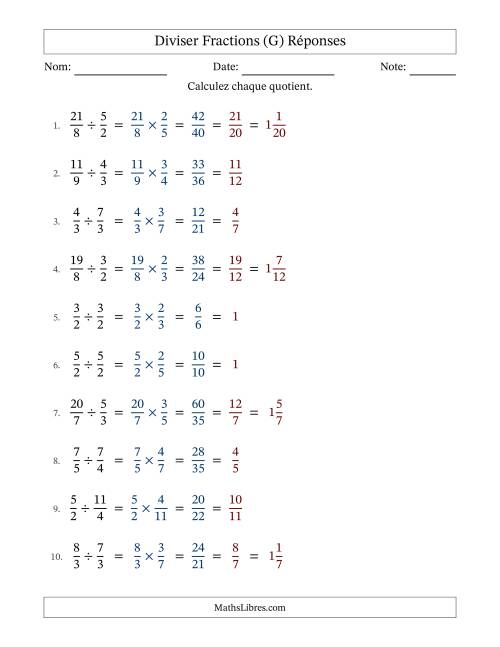 Diviser deux fractions impropres, et avec simplification dans tous les problèmes (Remplissable) (G) page 2