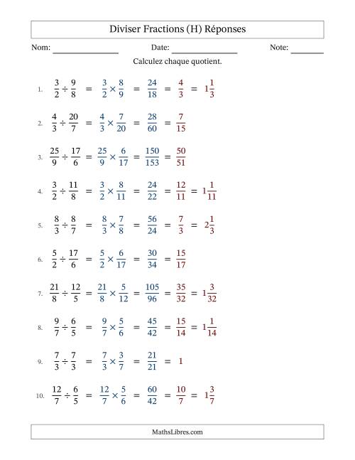 Diviser deux fractions impropres, et avec simplification dans tous les problèmes (Remplissable) (H) page 2