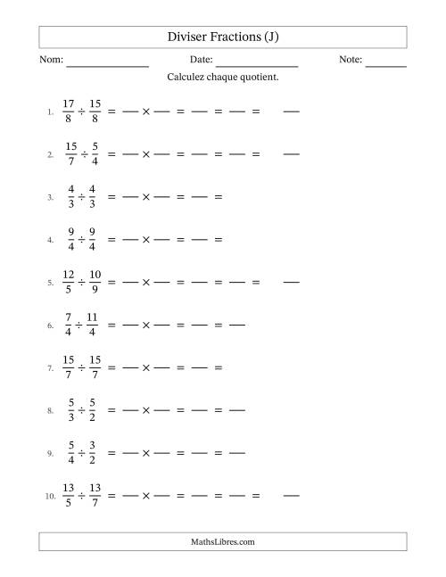 Diviser deux fractions impropres, et avec simplification dans tous les problèmes (Remplissable) (J)