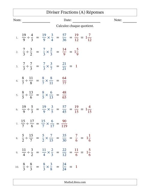 Diviser deux fractions impropres, et avec simplification dans quelques problèmes (Remplissable) (A) page 2